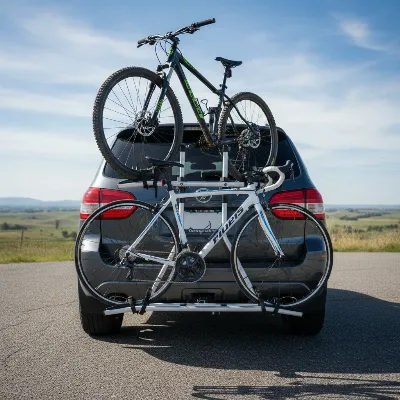 1Up USA Heavy Duty Double Bike Rack mounted on an SUV with two bikes, showcasing its sturdy construction.