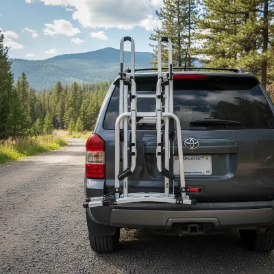 The 1Up USA Heavy Duty Double Bike Rack folded compactly against the vehicle for storage or travel without bikes.