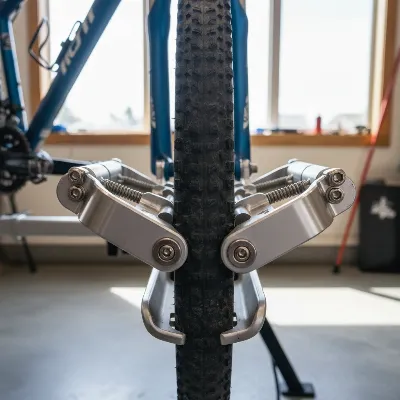 Close-up of the 1Up USA bike rack's dual wheel clamp mechanism securely holding a bicycle tire without touching the frame.