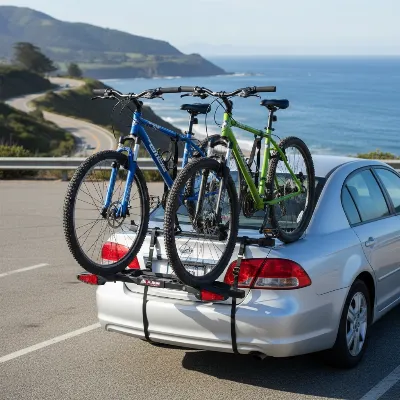 Allen Deluxe 2-Bike Trunk Carrier securely mounted on the back of a sedan with two bicycles