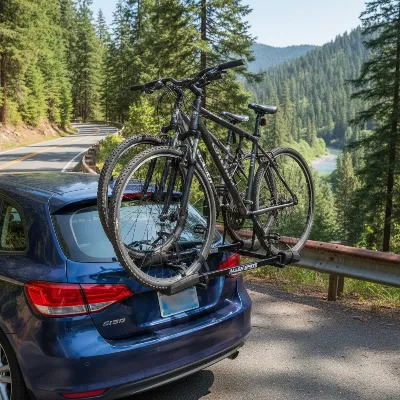 Allen Sports Deluxe Trunk Rack with two bikes securely mounted on the back of a sedan, showcasing its compact design and ease of use for car travel.
