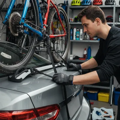 Person inspecting bike rack for wear and tightness on a car with bikes loaded