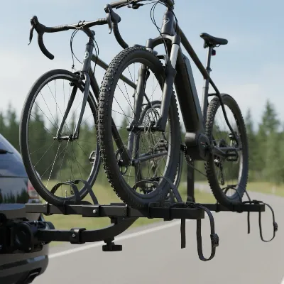 Close-up of different bike types on a platform-style swing-away bike rack, secured by wheels without frame contact.