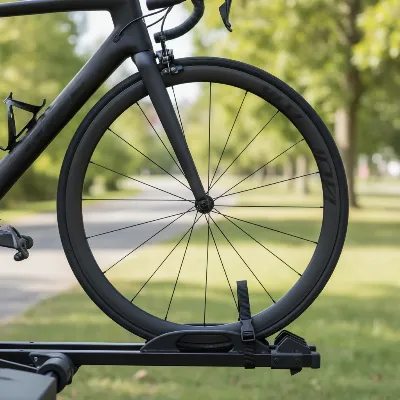 Close-up of a carbon fiber bike frame secured in a platform bike rack by its wheels, showing no frame contact