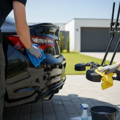 Person wiping down car surface and bike rack pads before installation to prevent scratches