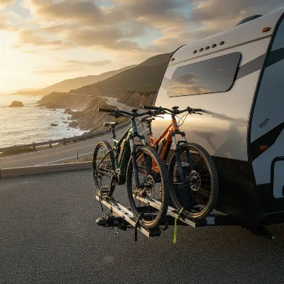 RV with a heavy-duty e-bike rack at a scenic overlook.