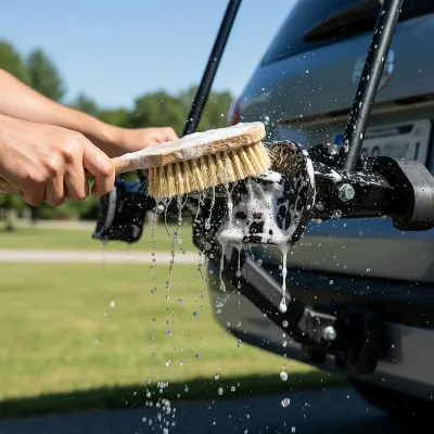 A person cleaning a hitch bike rack with mild soap and water, wiping down metal surfaces and moving parts.