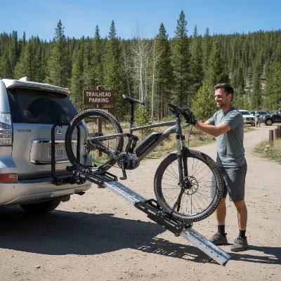 An electric bike being loaded onto a platform hitch bike rack with a ramp attached to an SUV, highlighting ease of use.