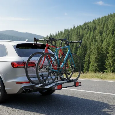A modern hitch-mounted platform bike rack holding two carbon fiber road bikes on the back of an SUV
