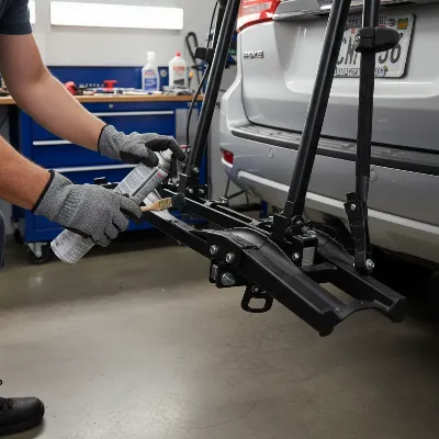 Person maintaining a hitch rack, cleaning moving parts