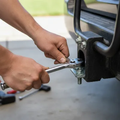 Man installing a hitch tightener on a vehicle's hitch receiver with a bike rack attached, ensuring it's tightened securely with a wrench, focused, outdoor setting, realistic style
