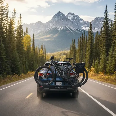 Hollywood Racks Destination E bike rack with two e-bikes securely mounted on the back of an SUV, driving on a scenic road.