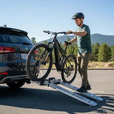 A person effortlessly rolling a heavy electric bike up an integrated ramp onto a Kuat Piston ION 2 hitch-mounted bike rack attached to an SUV. The scene is outdoors on a sunny day.