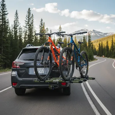 Kuat Sherpa 2.0 with two mountain bikes loaded, securely attached to an SUV on a winding road, showcasing stability