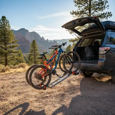 Kuat Sherpa 2.0 tilting down with bikes loaded, providing trunk access, on a sunny day with an SUV in the background