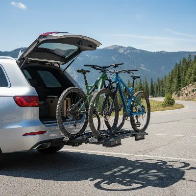 A silver SUV with a platform hitch bike rack carrying two mountain bikes, showcasing secure wheel trays and minimal frame contact.