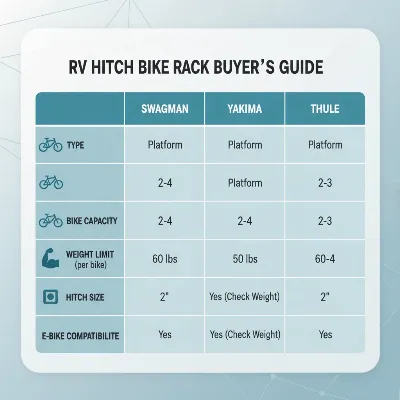 An infographic or illustrative chart comparing features of various RV hitch bike racks suitable for travel trailers.