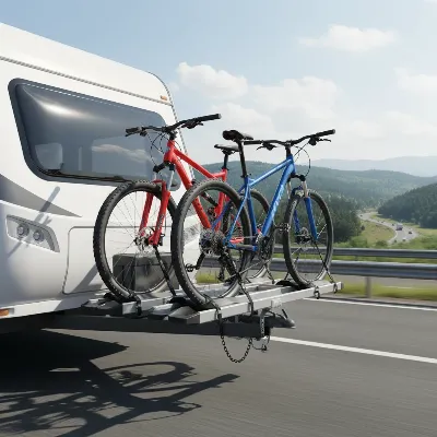 An RV hitch-mounted platform bike rack securely carrying two mountain bikes on the back of a travel trailer during a sunny road trip.