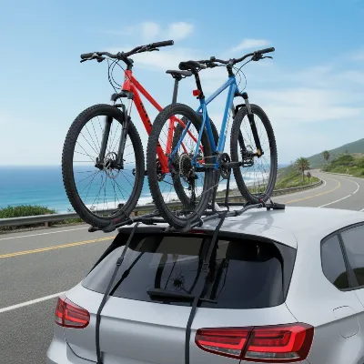 Saris Bones EX Trunk Bike Rack securely mounted on a car with a spoiler, carrying bicycles, showcasing its unique design and stability.