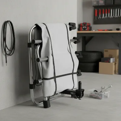 Storing a steel hitch bike rack safely in a garage to prevent rust and extend its lifespan