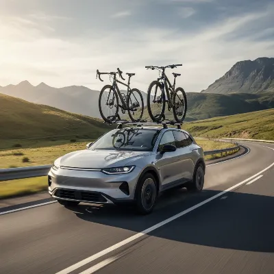 An SUV with multiple bicycles mounted on its roof rack, traveling on a scenic highway under a clear sky.