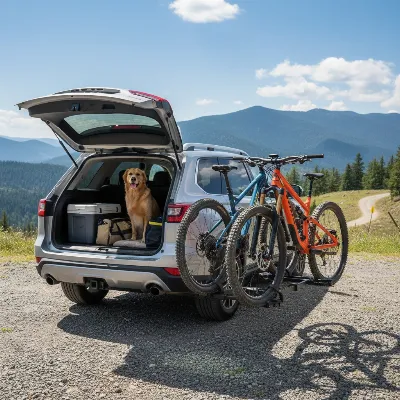 A modern SUV with a swing-away hitch bike rack fully open, mountain bikes loaded, rear hatch accessible in an outdoor setting.