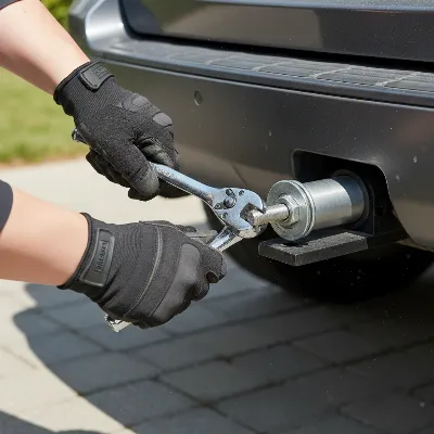 Person using a wrench to tighten a threaded hitch pin on a bike rack inserted into a vehicle's hitch receiver, with a focus on the connection point and a visible aluminum adapter, clear sunlight, practical, informative style