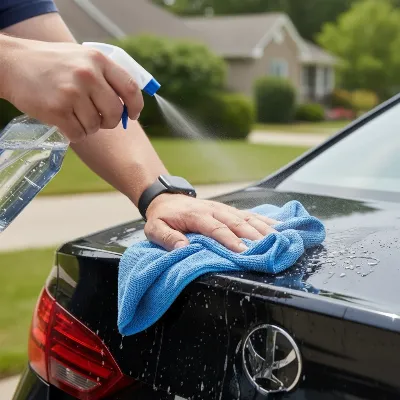 A person cleaning the car's trunk surface before installing a bike rack, showing cleaning spray and a microfiber cloth