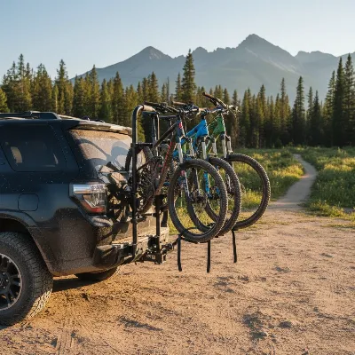 A vertical hitch bike rack securely holding several mountain bikes on the back of an SUV, with a scenic mountain trail in the background. The bikes are oriented vertically, showing good ground clearance.