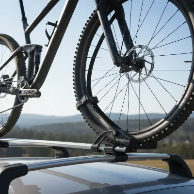 A close-up shot of the Yakima HighRoad roof mounted bike rack, securely holding a mountain bike by its front wheel on a vehicle roof.