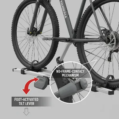 Yakima HoldUp EVO features with foot-activated tilt and StrongArm hook.