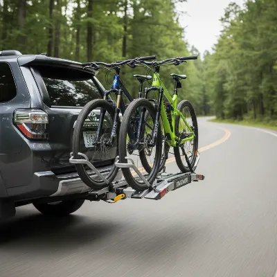 Yakima HoldUp EVO hitch bike rack loaded with two mountain bikes on a car's hitch.